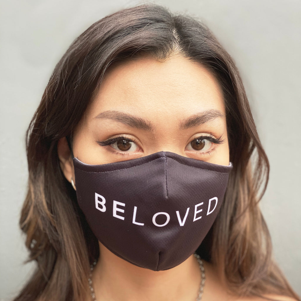Christian Woman wearing 4319.CO black BELOVED Christian Face Mask | Breathable Sports Material. Christian Gift Shop Singapore