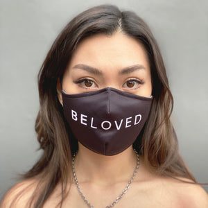 Christian Woman wearing 4319.CO black BELOVED Christian Face Mask | Breathable Sports Material. Christian Gift Shop Singapore