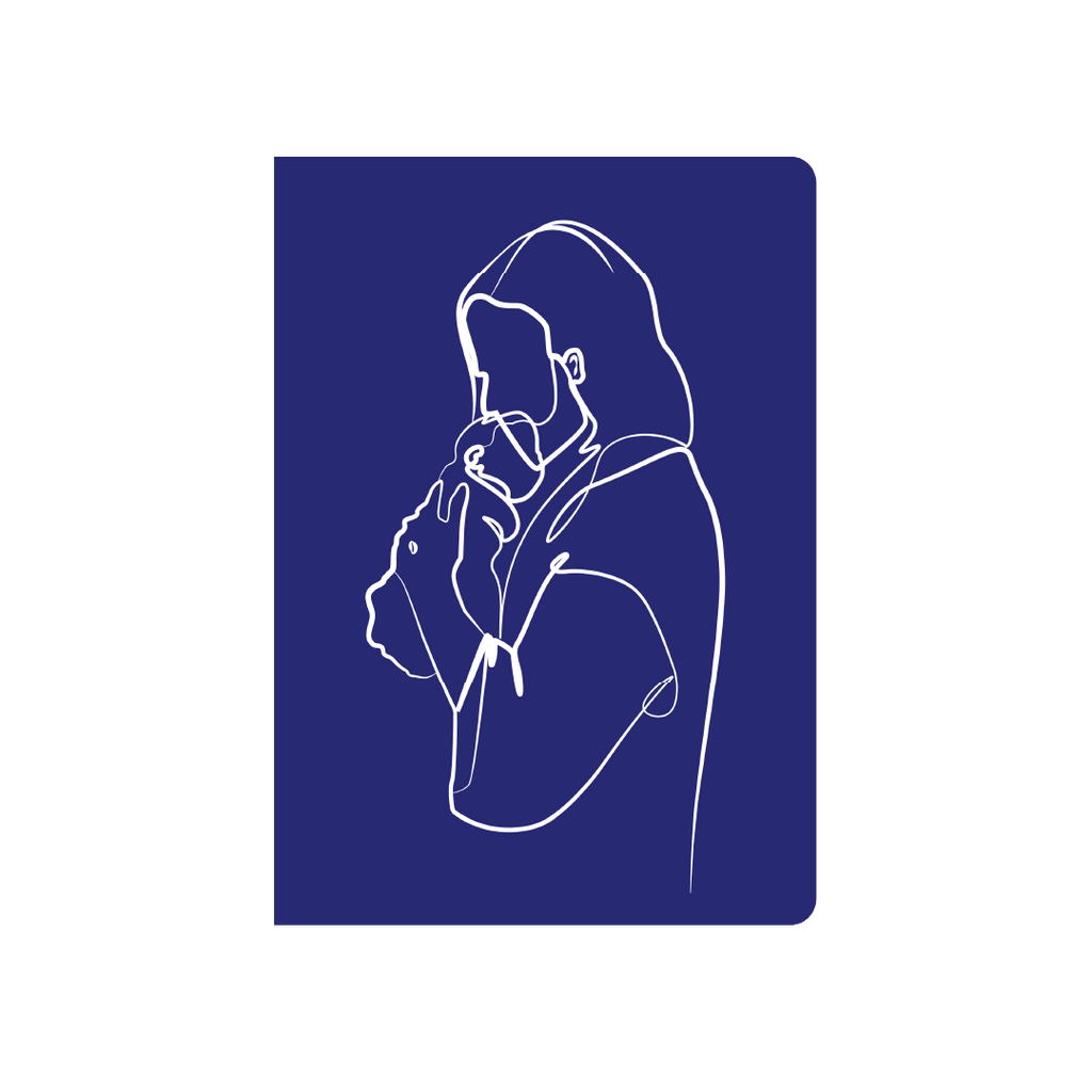 Royal Blue Christian Line Art design of Jesus holding a baby in His nail pierced hands, Child of God Design, A5 Christian Journal by 4319.CO