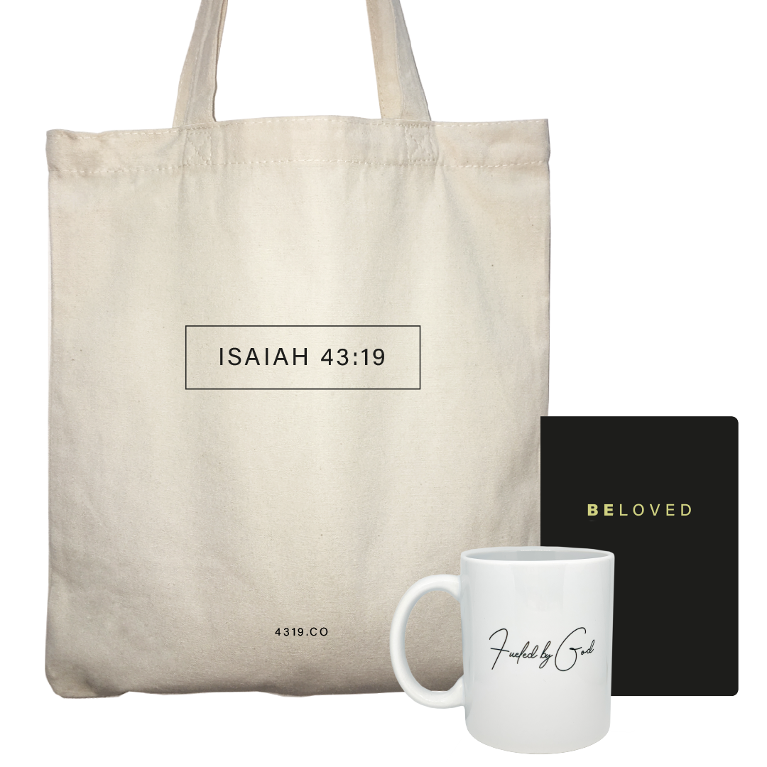 Christian Gift Shop Inspired by Bible Verse Isaiah 43:19: Christian tote bag, christian journal and christian mug.