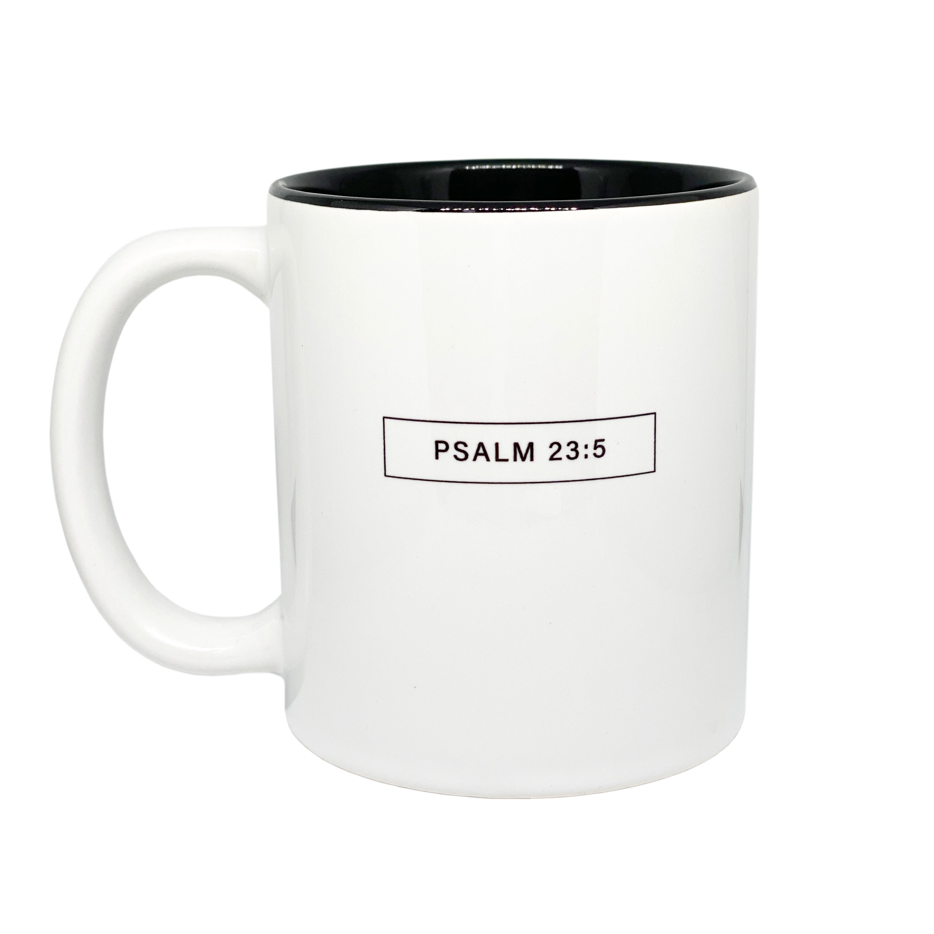 Christian Coffee Mug with Psalm 23:5 Bible Verse: Christian Gift Ideas for the Minimalistic Christian Home. White Black 11oz