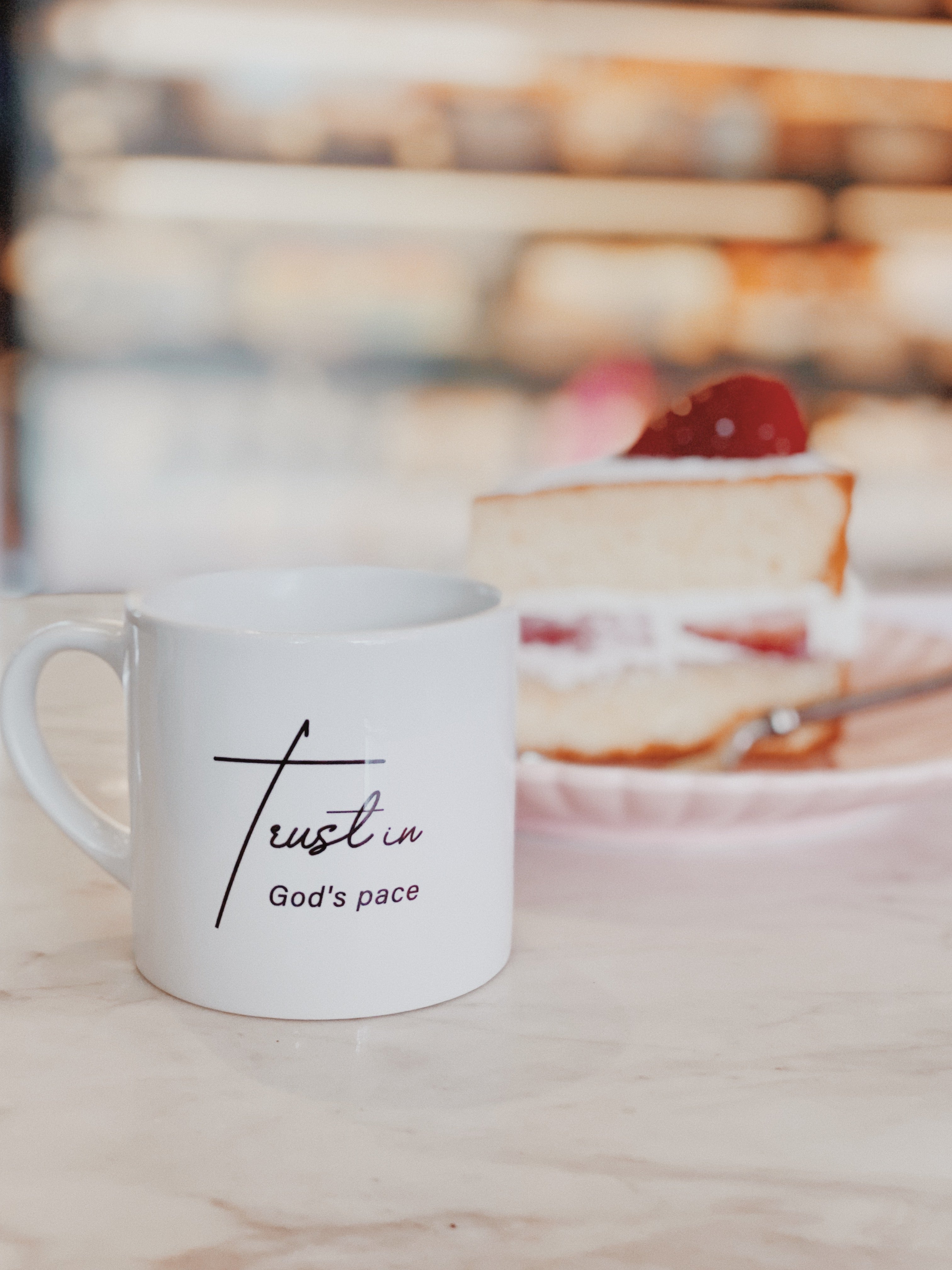 Christian Home Lookbook: Trust in God’s Pace Christian Coffee Mug on Dessert Table | Cute Small Christian Gifts Singapore